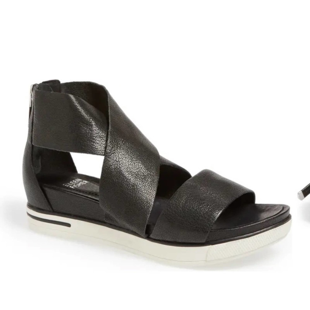 Eileen Fisher Black Leather Strappy Sport Platform Sandals Size 8